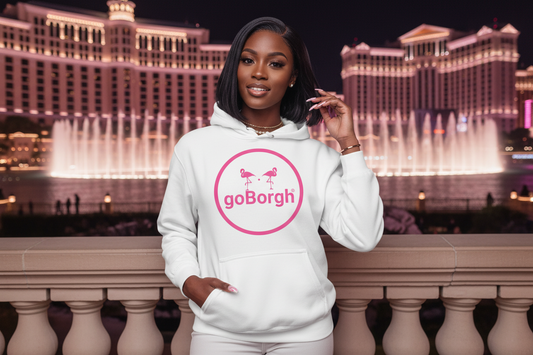 Model wearing the goBorgh® Flock of Flamingos Circle Badge Hoodie in white, featuring the pink flamingo circle logo, styled for everyday lifestyle wear.
