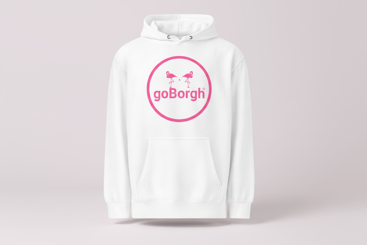White goBorgh® Flock of Flamingos Circle Badge Hoodie featuring the pink flamingo circle logo, shown as a clean flat product image.