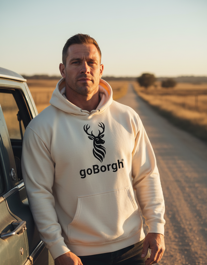 Model wearing the goBorgh® Highland Frontier hoodie in Bone standing beside a vehicle on a rural road