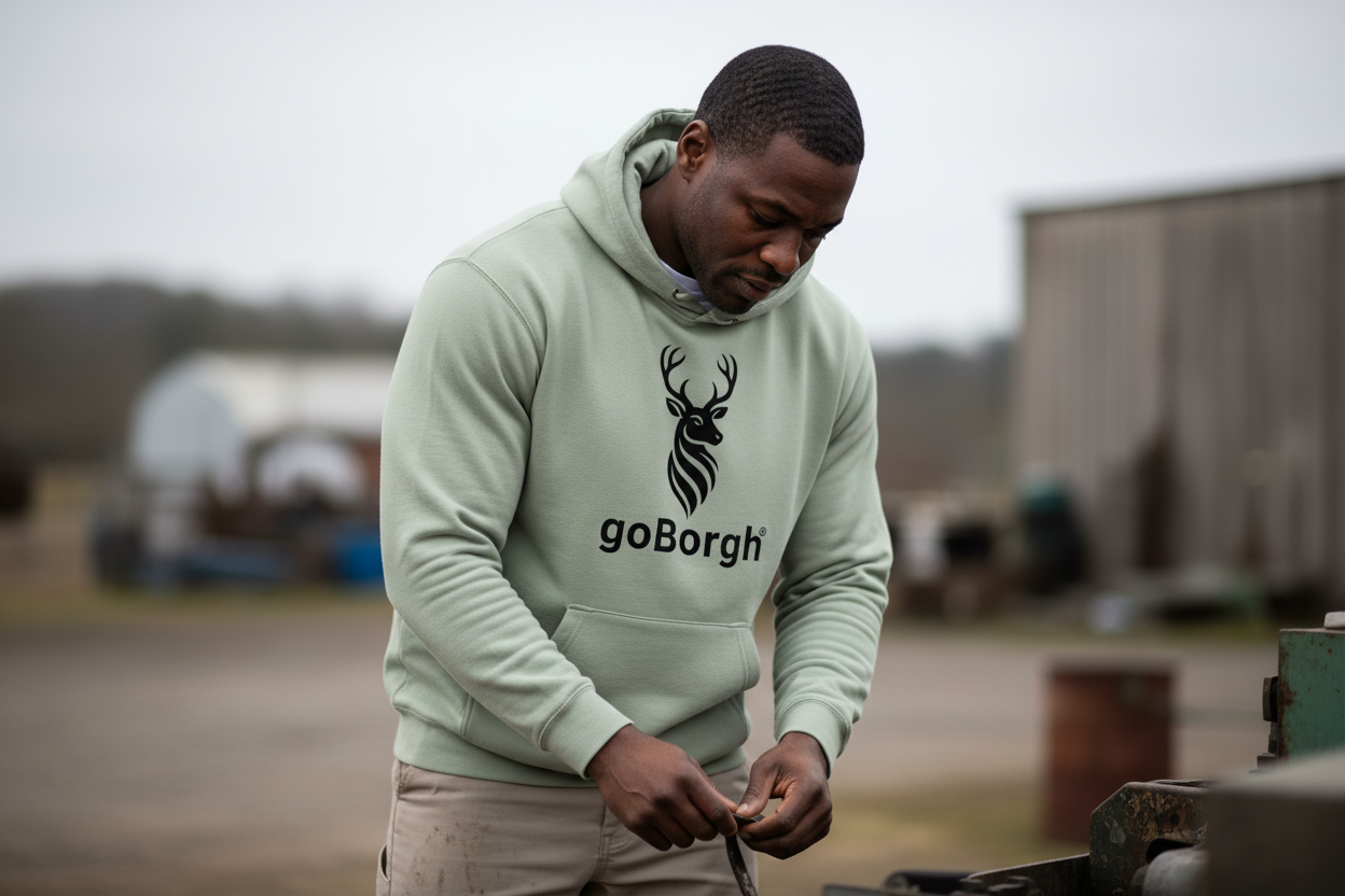 Close-up lifestyle image of the goBorgh® Highland Frontier hoodie in Dusty Sage