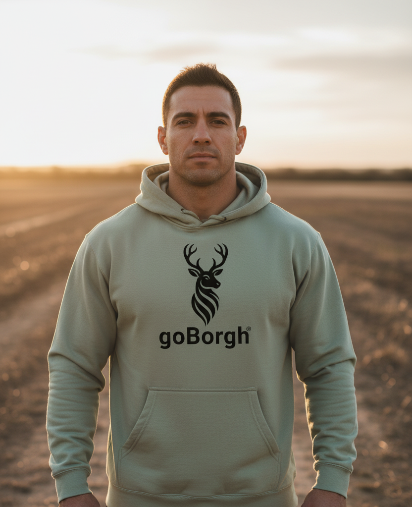 Model wearing the goBorgh® Highland Frontier hoodie in Dusty Sage in an open landscape setting