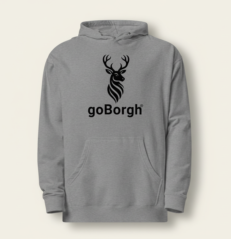 Flat lay image of the goBorgh® Highland Frontier hoodie in Gunmetal Heather