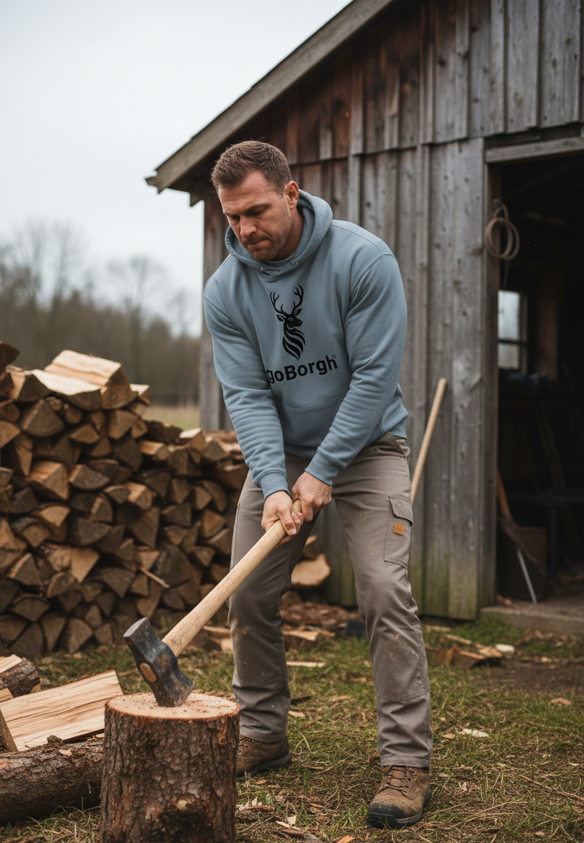 Model wearing the goBorgh® Highland Frontier hoodie in Gunmetal Heather while working outdoors