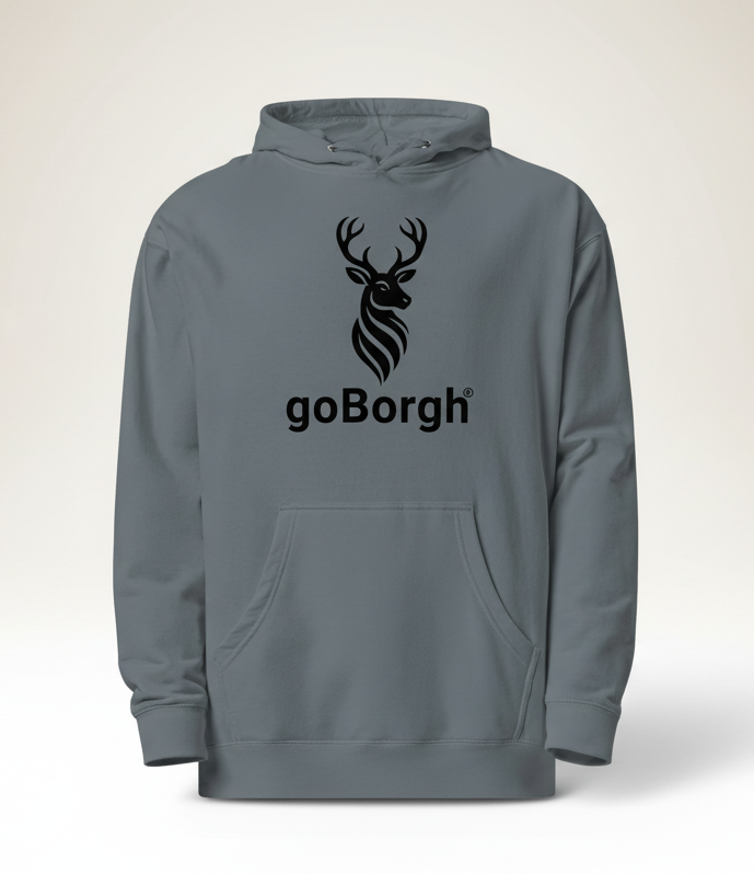 Flat lay image of the goBorgh® Highland Frontier hoodie in Storm Blue