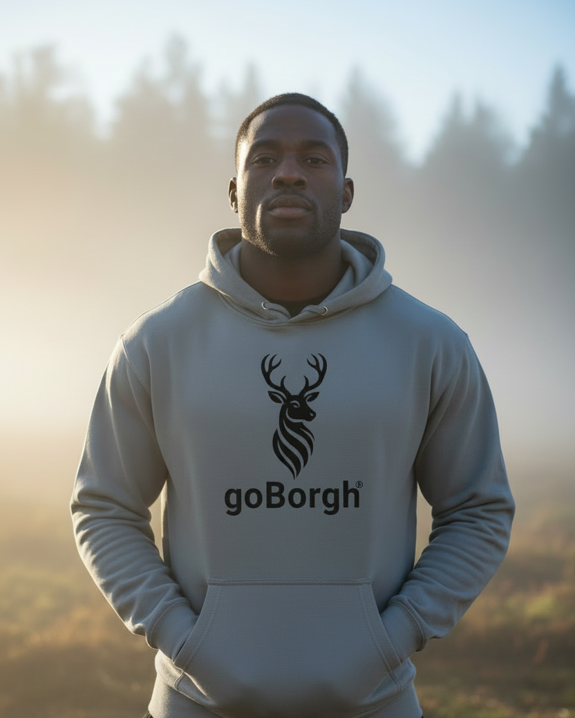 Model wearing the goBorgh® Highland Frontier hoodie in Storm Blue, shown outdoors with a rugged, natural setting

