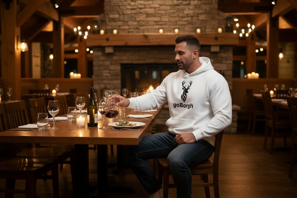 Model wearing the goBorgh® Highland Frontier hoodie in White seated indoors in a warm, casual environment