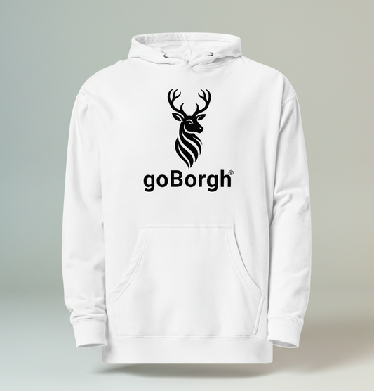 Front view of the goBorgh® Highland Frontier hoodie in White featuring the stag graphic and goBorgh® wordmark