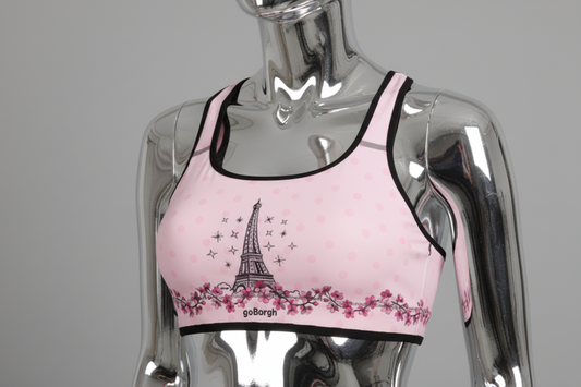 Close-up detail of the goBorgh Paris in Bloom Eiffel Tower Cherry Blossom sports bra highlighting Eiffel Tower artwork and cherry blossom design