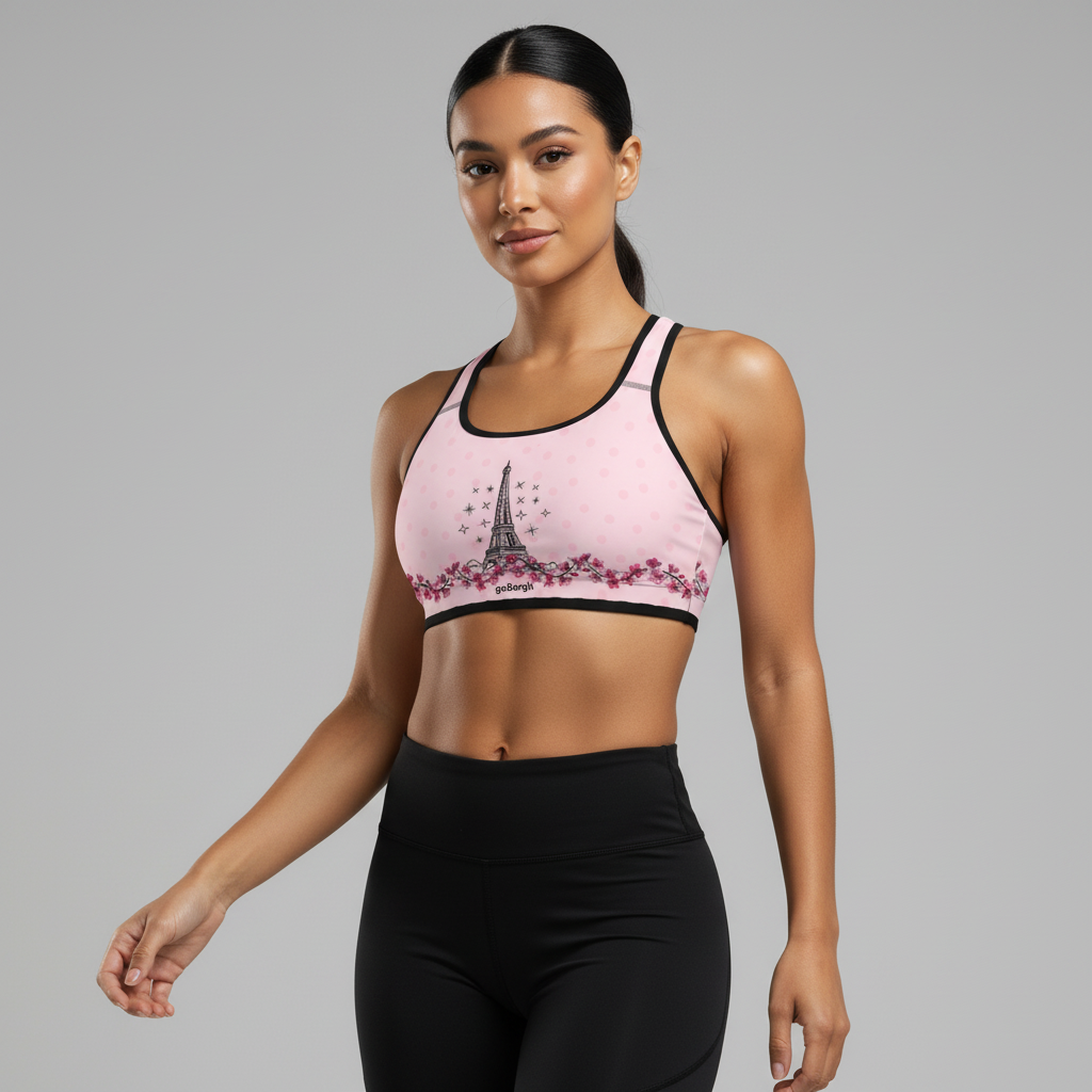 Front view of the goBorgh Paris in Bloom Eiffel Tower Cherry Blossom sports bra in pale pink with Eiffel Tower illustration and cherry blossom graphic