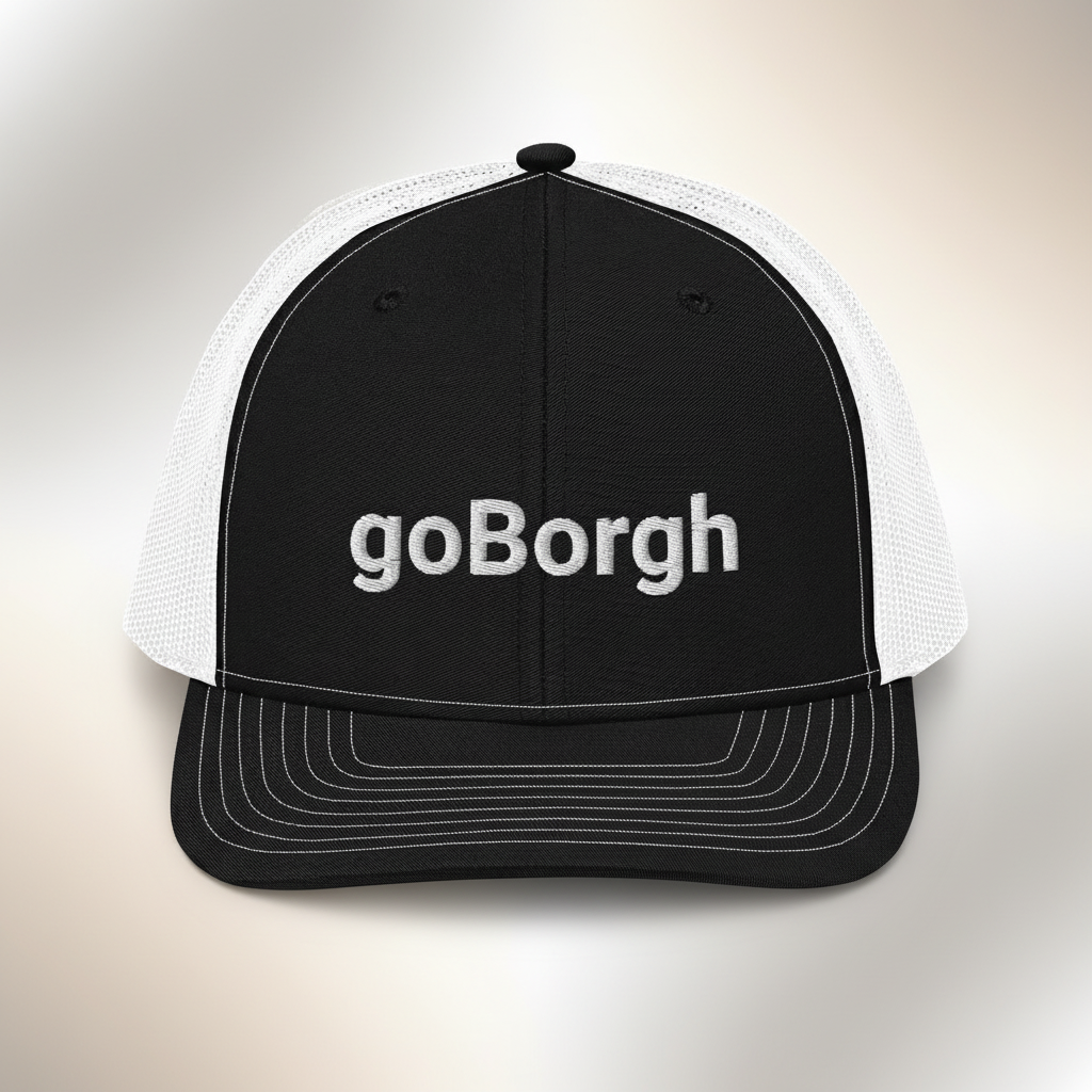 black and white goBorgh snapback trucker cap front view on neutral background