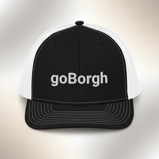 black and white goBorgh snapback trucker cap front view on neutral background