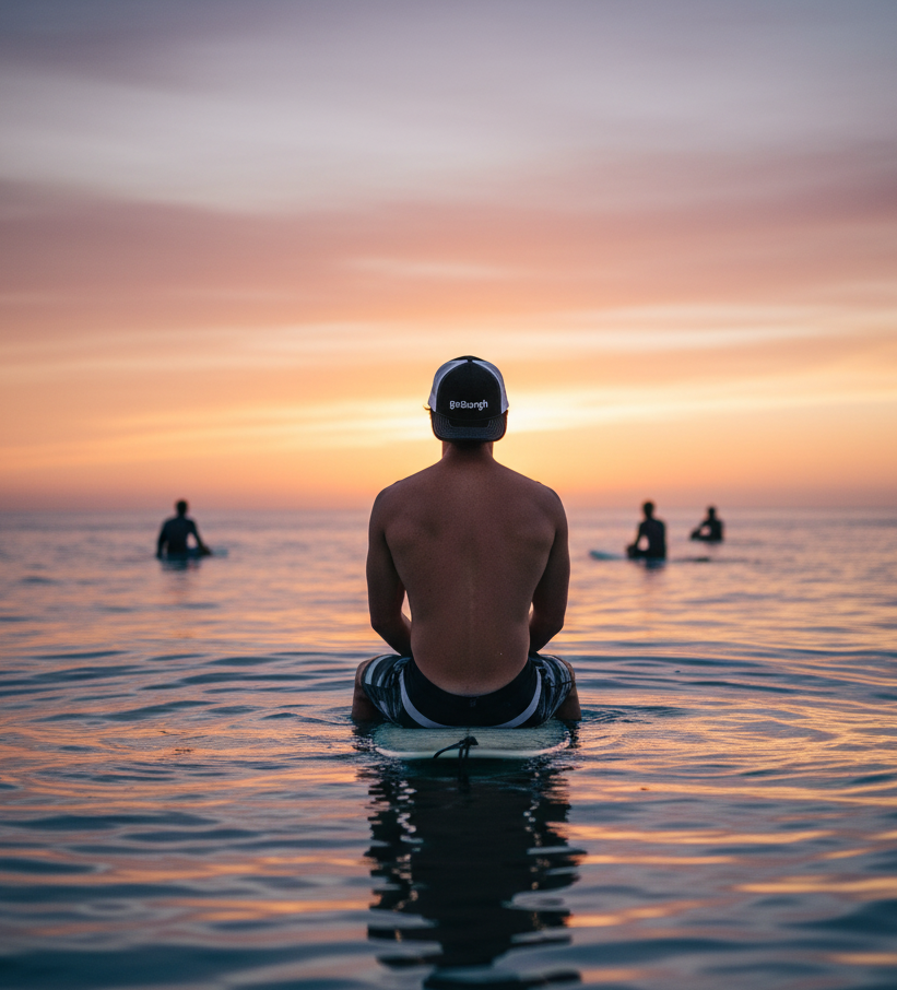 person wearing goBorgh snapback trucker hat standing in ocean at sunset
