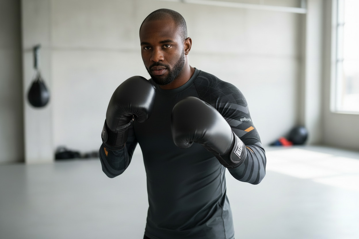 Athlete wearing the goBorgh Steel Plated rash guard in a boxing gym, highlighting compression fit, plated sleeve graphics, and mobility for MMA and striking workouts.