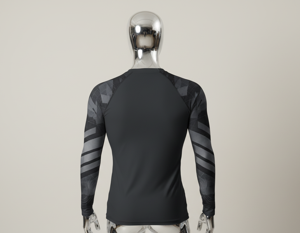 Back view of the goBorgh Steel Plated men’s performance rash guard showing clean black core panel and steel-inspired plated sleeve band design engineered for MMA and training.