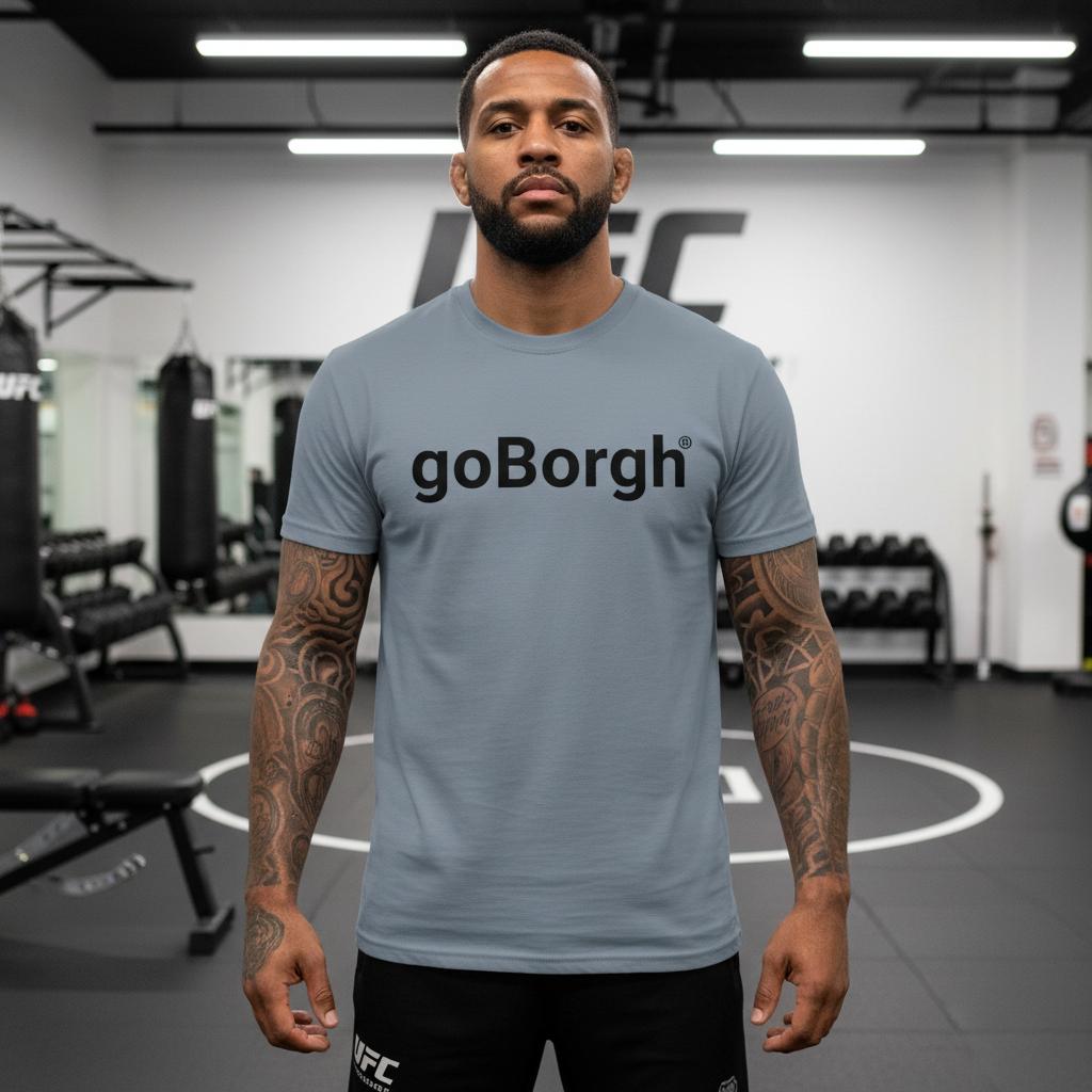 goBorgh wordmark garment-dyed relaxed fit t-shirt worn by male model in gym setting