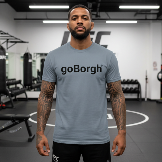 goBorgh wordmark garment-dyed relaxed fit t-shirt worn by male model in gym setting