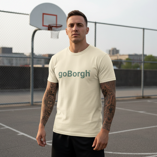 goBorgh wordmark relaxed fit cotton tee worn outdoors on basketball court
