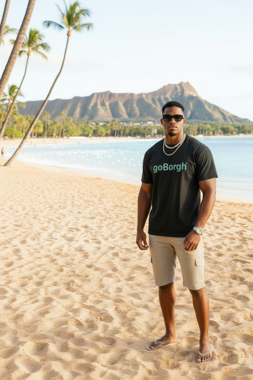 goBorgh wordmark relaxed fit tee worn on beach in casual summer setting