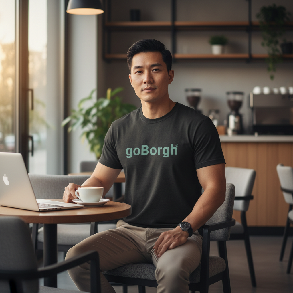 goBorgh wordmark relaxed fit t-shirt worn casually indoors at café
