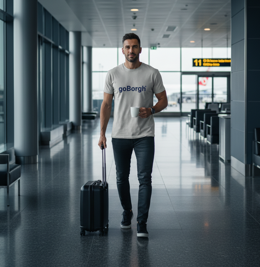 goBorgh wordmark relaxed fit cotton tee worn while walking through airport