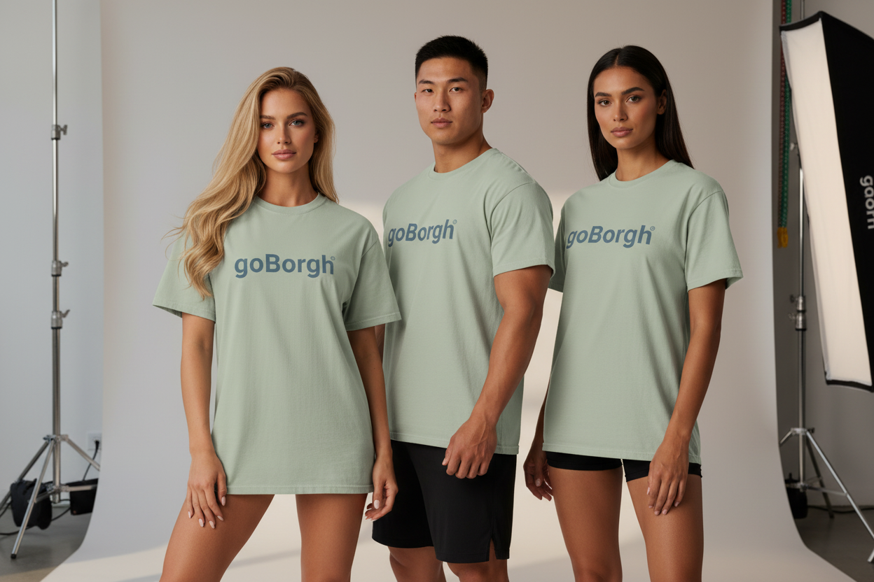 goBorgh garment-dyed relaxed fit t-shirt shown on male and female models
