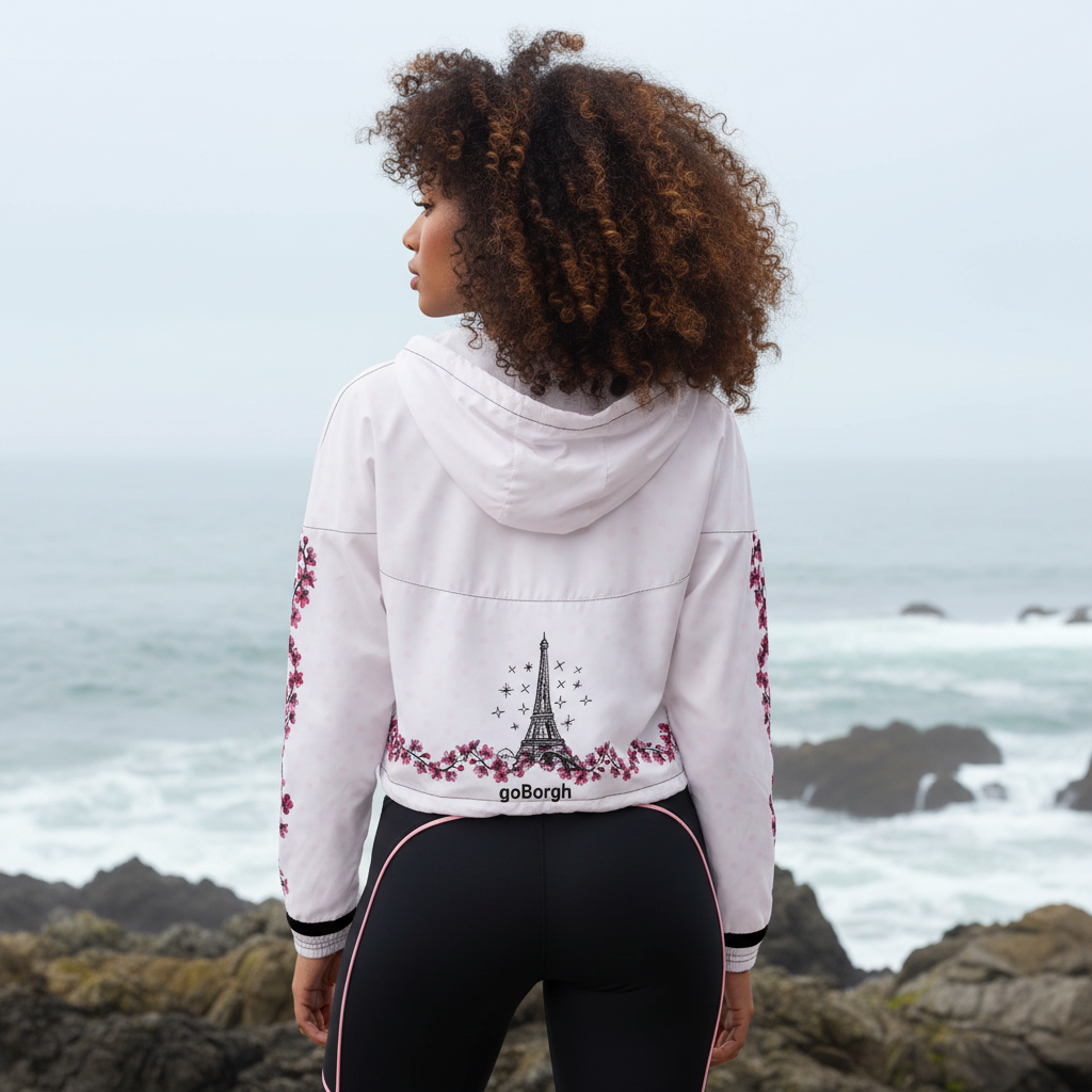 Back view of pale pink Paris in Bloom Eiffel Tower cherry blossom half zip windbreaker showing cropped silhouette, hood, and cherry blossom graphic detail goBorgh