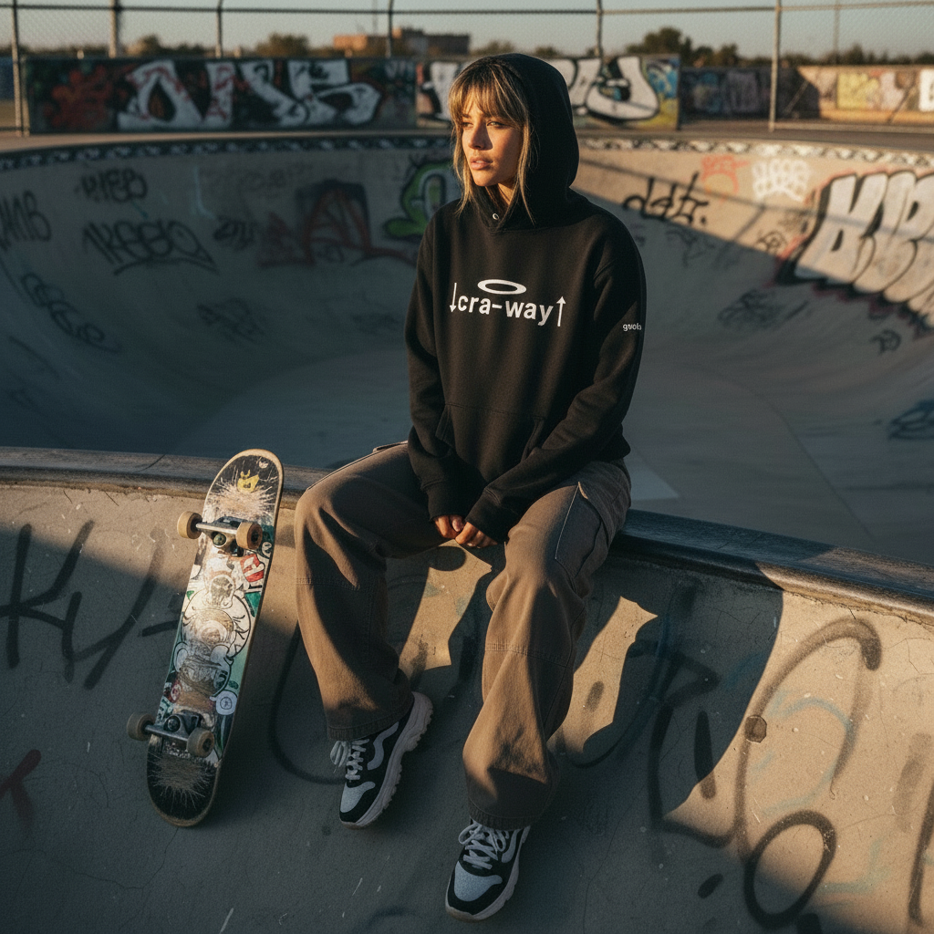 Model sitting at a skate park wearing a black cra-way™ Street Code oversized hoodie styled casually