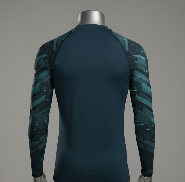 Back view of goBorgh Core Sports Performance Training Rash Guard Hex Armor showing fitted silhouette and geometric sleeve design
