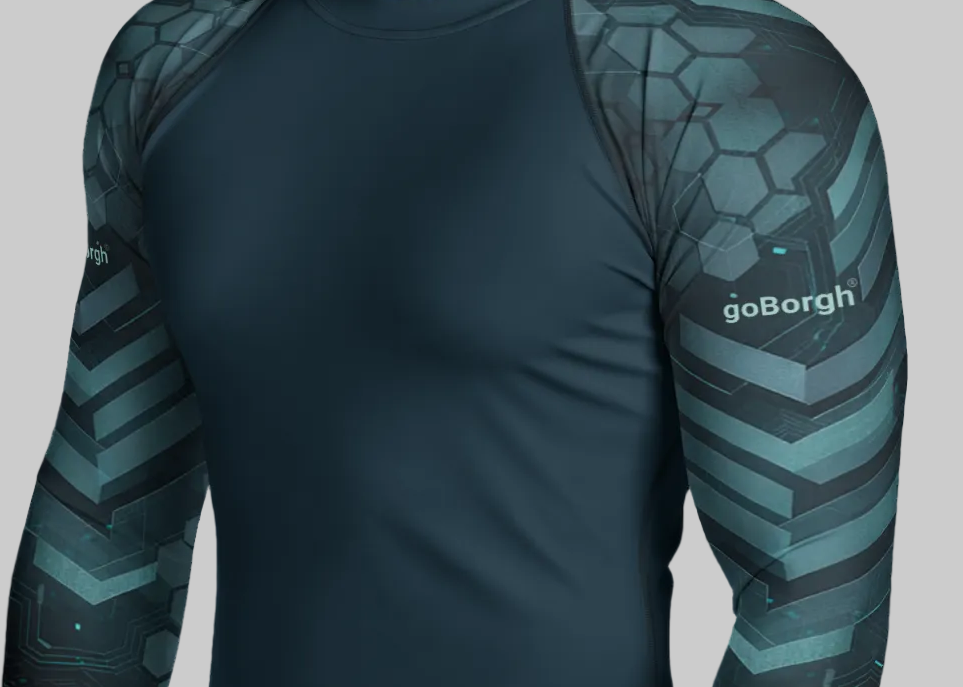Front detail of goBorgh Core Sports Performance Training Rash Guard Hex Armor highlighting smooth compression fabric and clean athletic construction