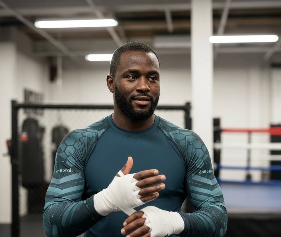 Close view of goBorgh Core Sports Performance Training Rash Guard Hex Armor showing compression fabric and sleeve structure during boxing preparation