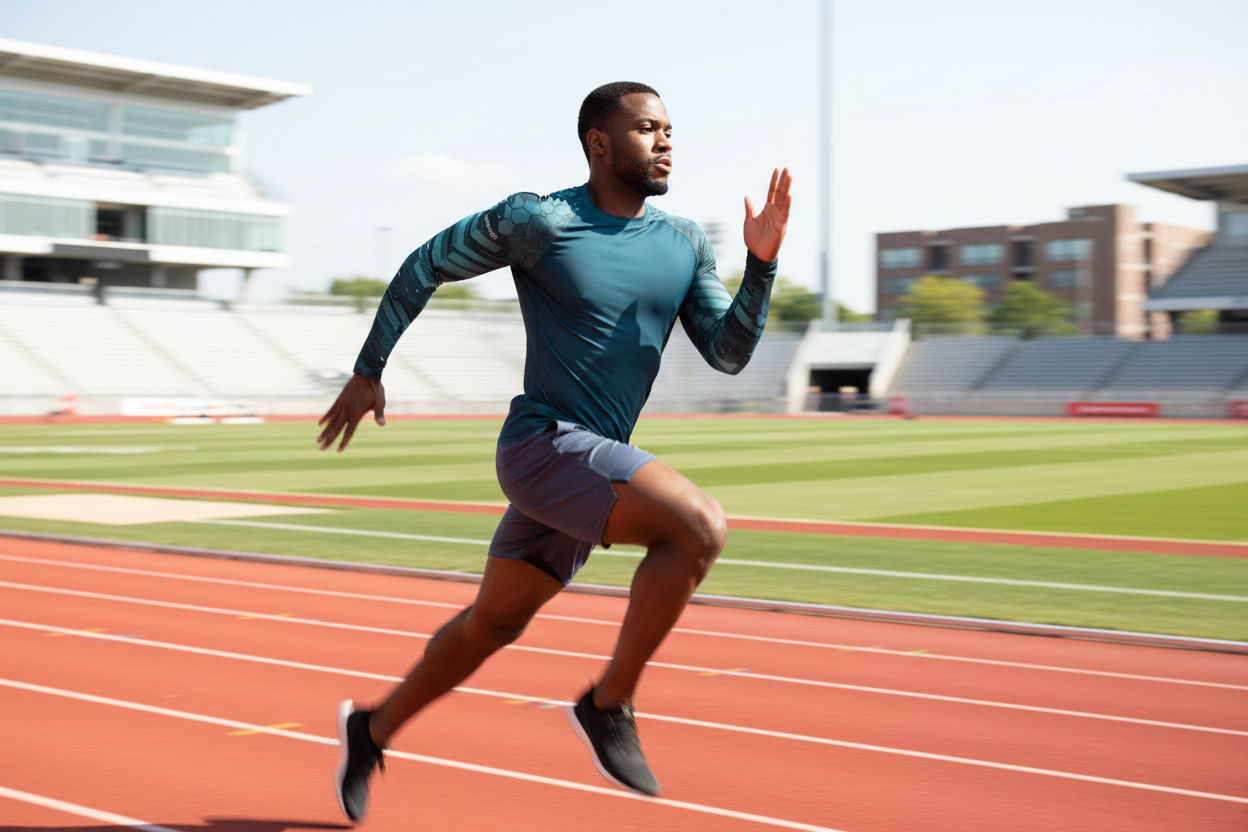 Runner wearing goBorgh Core Sports Performance Training Rash Guard Hex Armor built for conditioning, sprint work, and athletic performance training