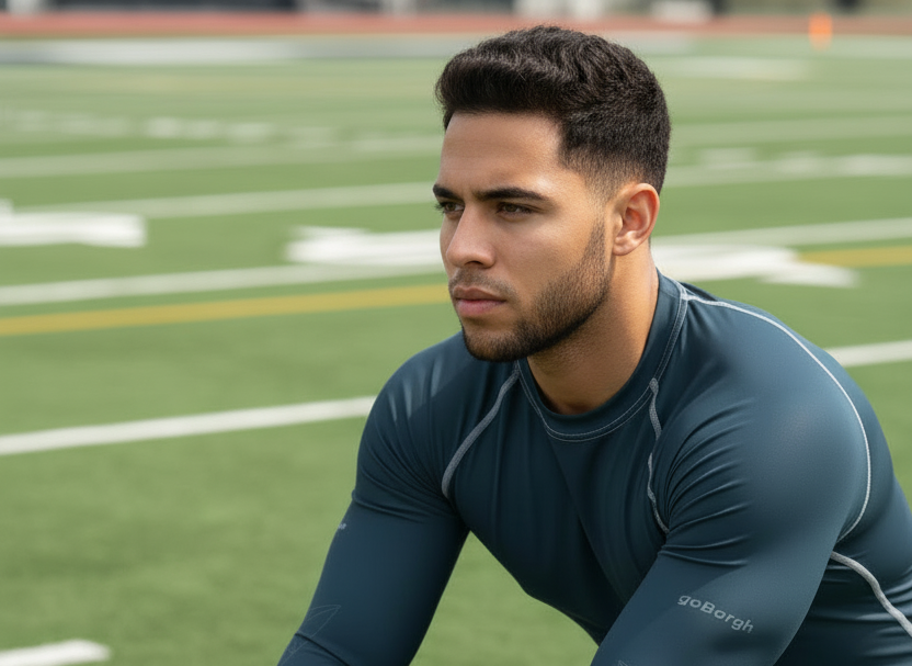 Close-up of athlete wearing goBorgh Core Sports Performance Training Rash Guard Ocean Teal during outdoor athletic training and endurance work