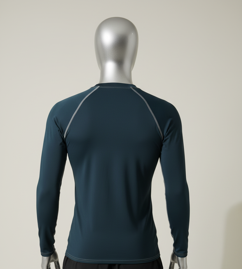 Back view of goBorgh Core Sports Performance Training Rash Guard Ocean Teal showing clean solid-color back panel and athletic compression fit