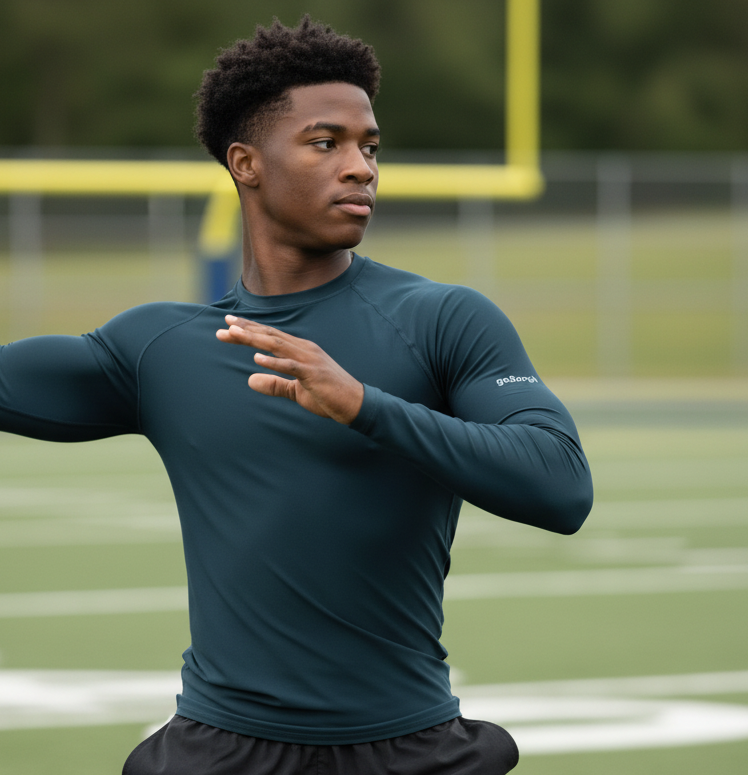 Athlete sprinting in goBorgh Core Sports Performance Training Rash Guard Ocean Teal built for speed training, conditioning, and high-output workouts