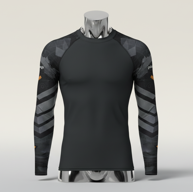 Front studio mannequin view of the goBorgh Core Sports Performance Training Rash Guard – Steel Plated, featuring a black compression body with layered steel-toned plated sleeve graphics designed for strength training, MMA, and high-performance workouts.