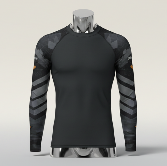 Front studio mannequin view of the goBorgh Core Sports Performance Training Rash Guard – Steel Plated, featuring a black compression body with layered steel-toned plated sleeve graphics designed for strength training, MMA, and high-performance workouts.