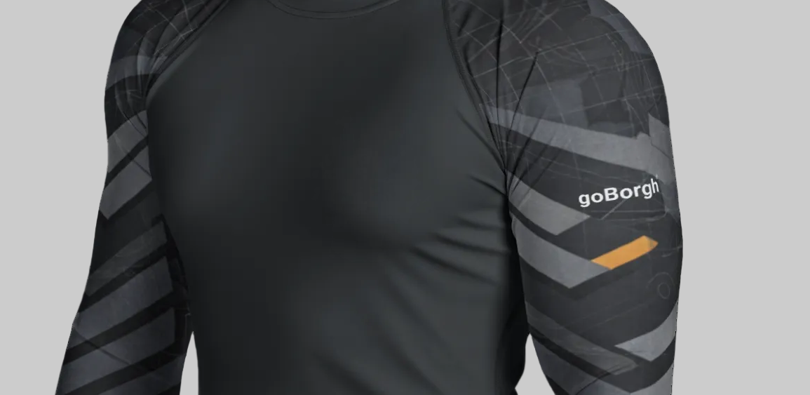Front view of goBorgh Core Sports Performance Training Rash Guard Steel Plated featuring black compression body and steel-striped sleeve design