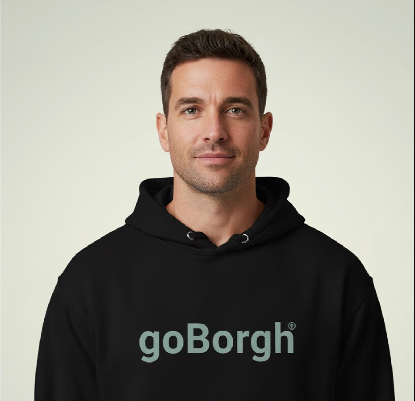 goBorgh Wordmark Hoodie in Black on male model — premium minimalist unisex streetwear