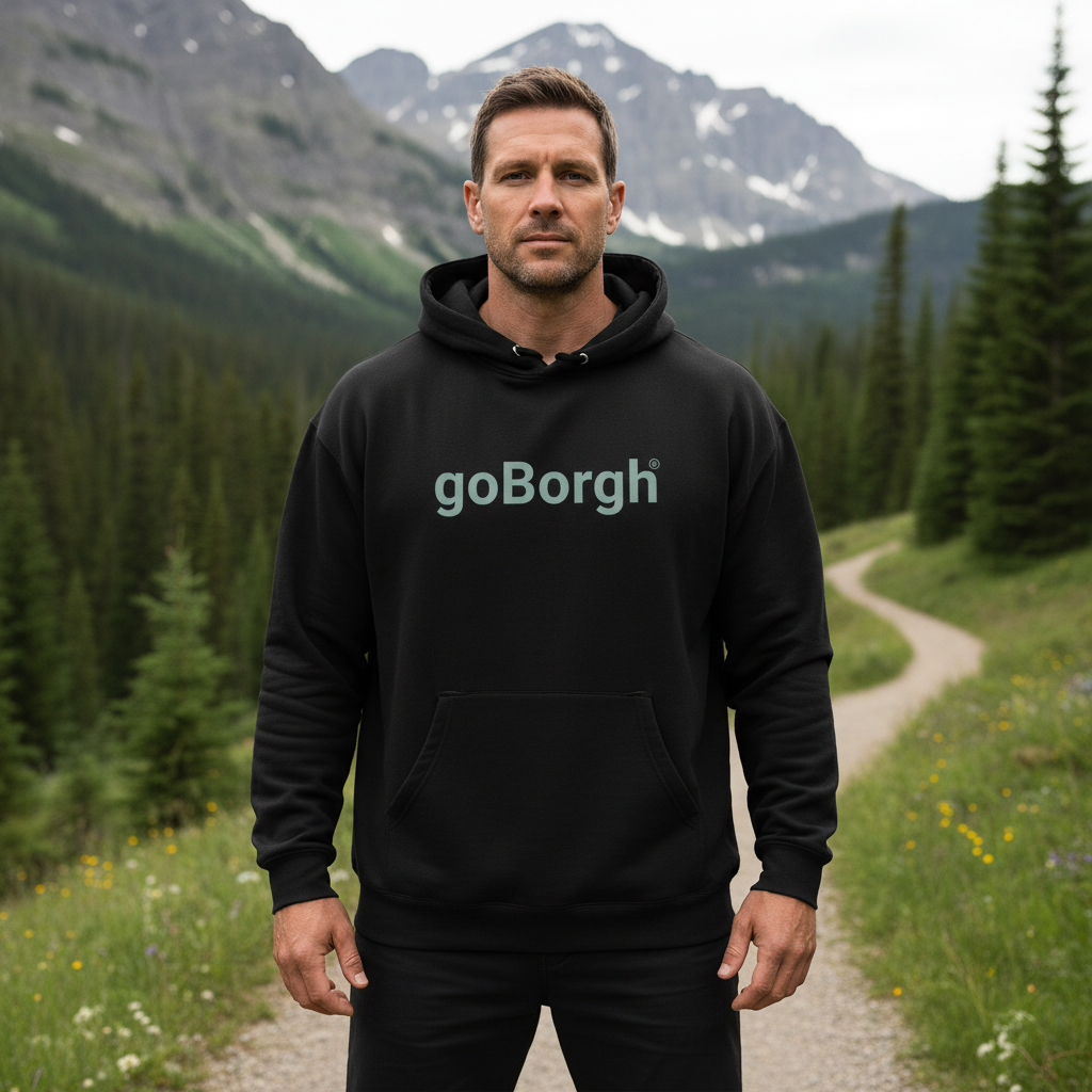 goBorgh Wordmark Hoodie Navy — outdoor mountain lifestyle scene
