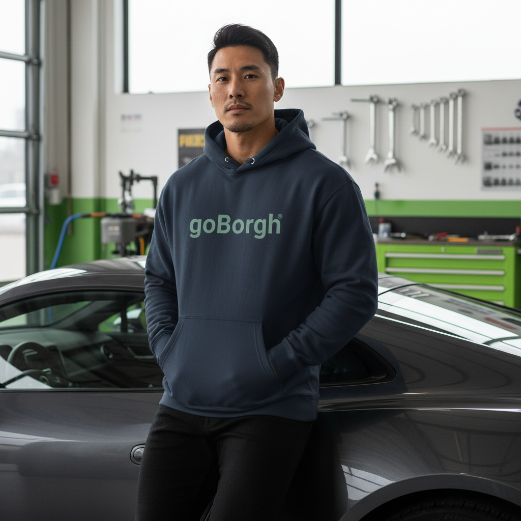 goBorgh Wordmark Hoodie Classic Navy — athletic lifestyle garage scene, street takeover car