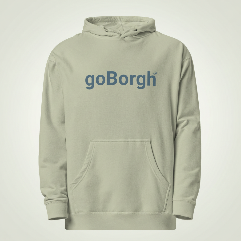 goBorgh Wordmark Hoodie in Dusty Sage — minimalist unisex lifestyle sweatshirt