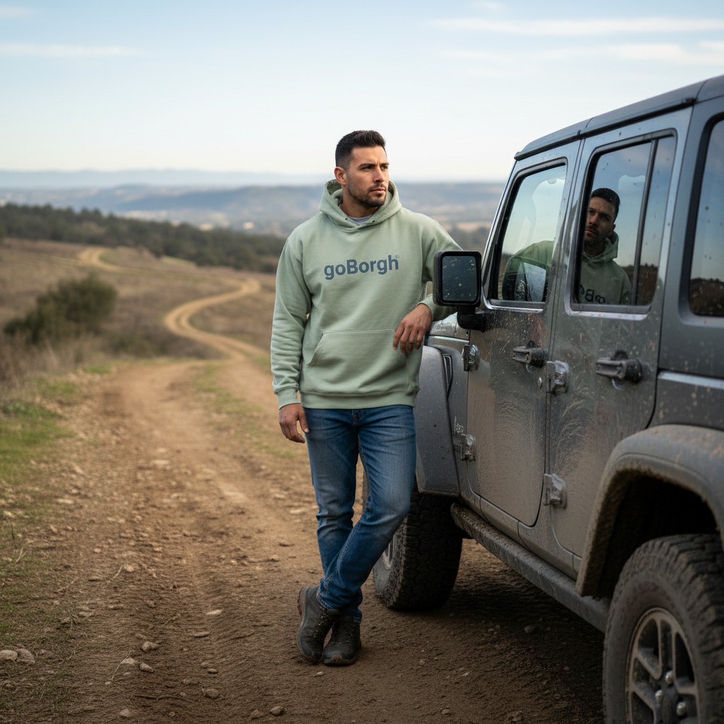 goBorgh Wordmark Hoodie Dusty Sage — outdoor adventure lifestyle scene Jeep off-road trail muddy 