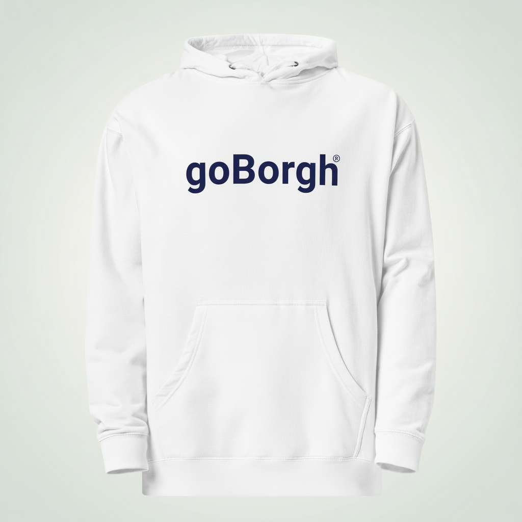 goBorgh Wordmark Hoodie in White — classic premium unisex midweight sweatshirt