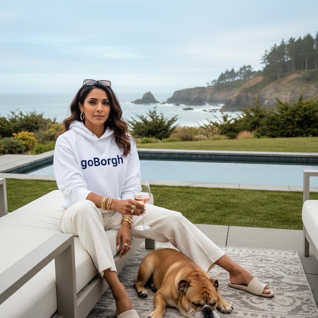 goBorgh Wordmark Hoodie White — lifestyle outdoor relaxation scene, enjoying a glass of wine and English Bulldog 