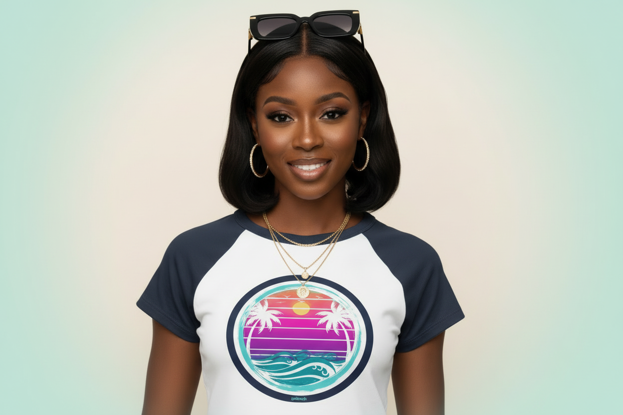 Woman wearing a goBorgh baby tee with a colorful graphic design on a gradient background